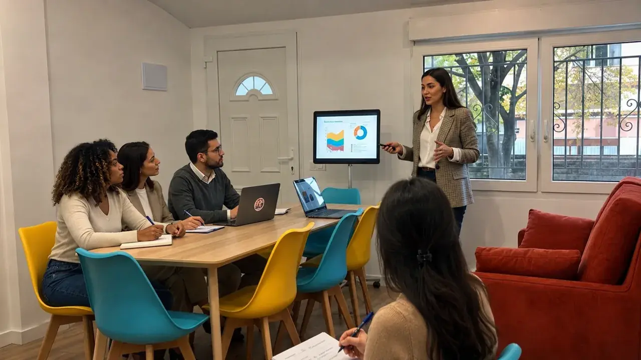Equipo trabajando con portátiles en el coworking privado de Punto de Encontro en A Coruña